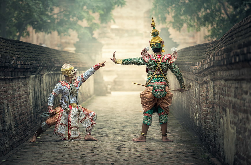 Traditional Thai Khon Masked Dancers Performing in Ancient Ruins