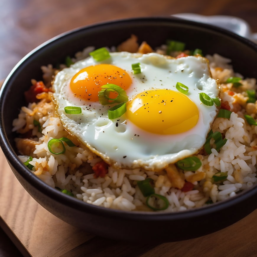 Close-up of fried rice bowl with sunny-side-up eggs and green onions