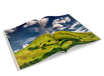 Open Magazine Mockup with Green Hills Landscape