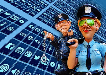 Police figurines with handcuffs and baton against social media icons background