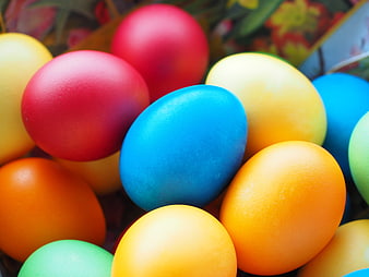 Close-up of colorful painted Easter eggs in a basket