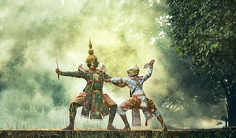 Traditional Thai Khon Masked Dance Performance in Forest