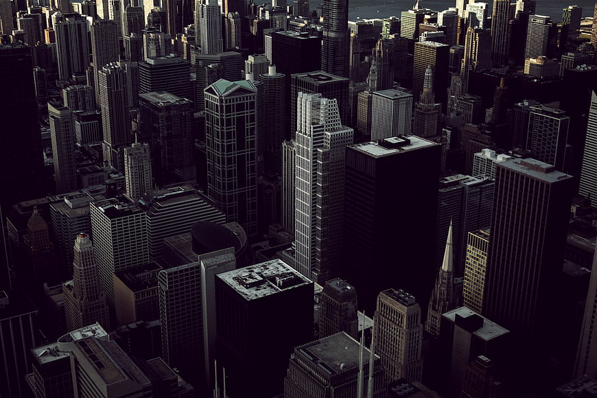 Aerial View of Dense Urban Skyscrapers and City Architecture