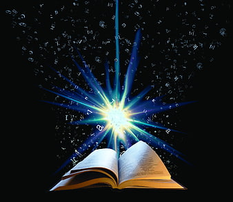 Open Bible with glowing light and floating letters