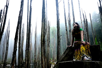 Woman sitting in misty forest with dead trees