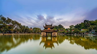 Huc Bridge on Hoan Kiem Lake in Hanoi, Vietnam