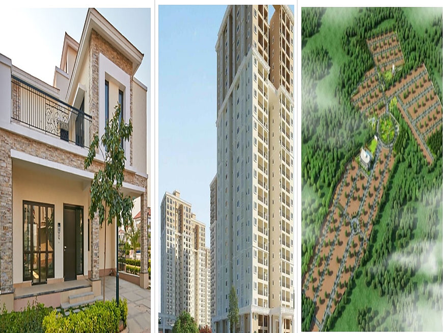 Real Estate Development Collage: Villa, High-Rise, and Aerial Site Plan