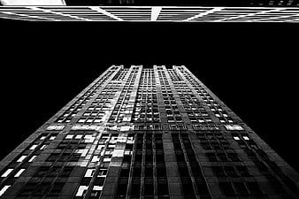 Low angle black and white skyscraper architecture