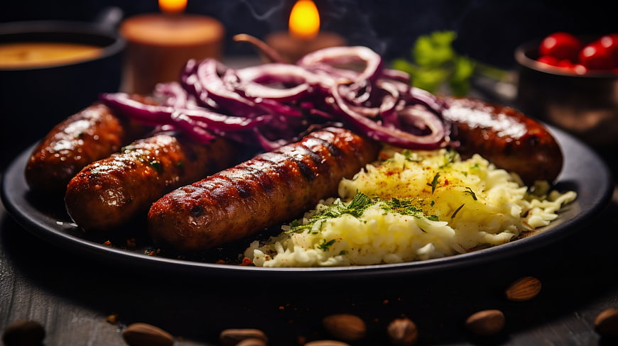 Grilled sausages with sauerkraut and red onions on a dark plate