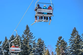 Skiers on chairlift against blue sky and pine trees