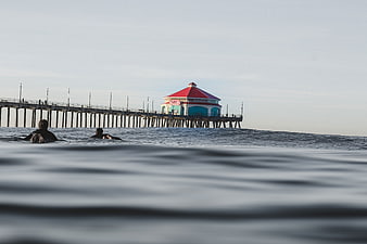 Surfers paddling in ocean with pier and red-roofed building in background