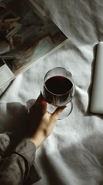 Hand Holding Red Wine Glass on Bed with Book