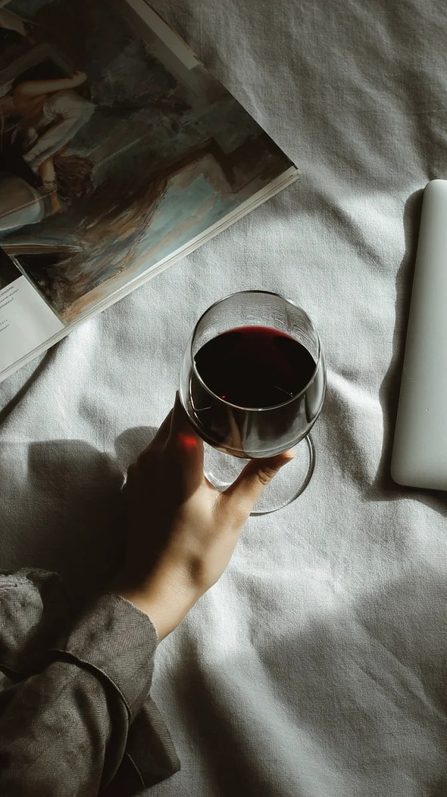 Hand Holding Red Wine Glass on Bed with Book