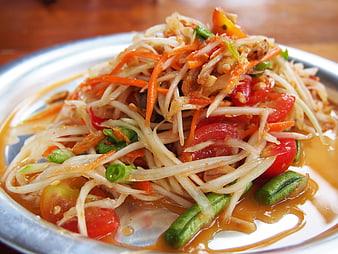 Close-up of Thai Papaya Salad Som Tum on Plate