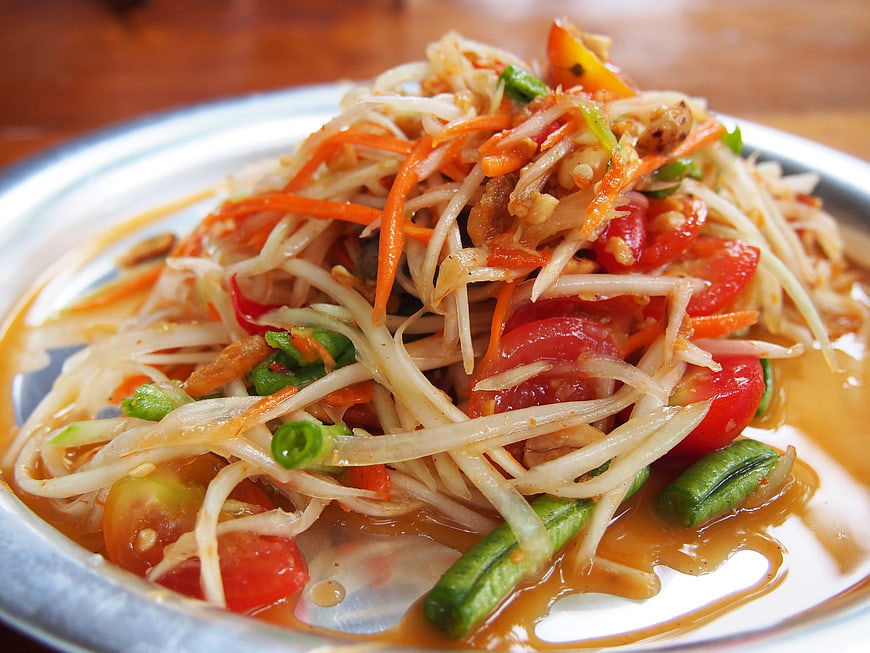 Close-up of Thai Papaya Salad Som Tum on Plate