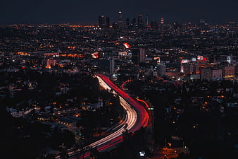 Los Angeles Night Skyline With Highway Traffic Light Trails
