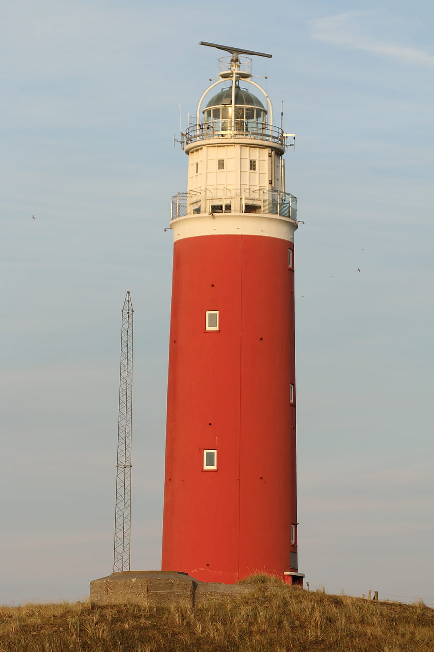 Red and white lighthouse on grassy dunes against blue sky