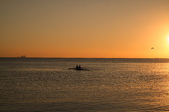 Silhouette of Rowers on Calm Sea at Golden Sunset