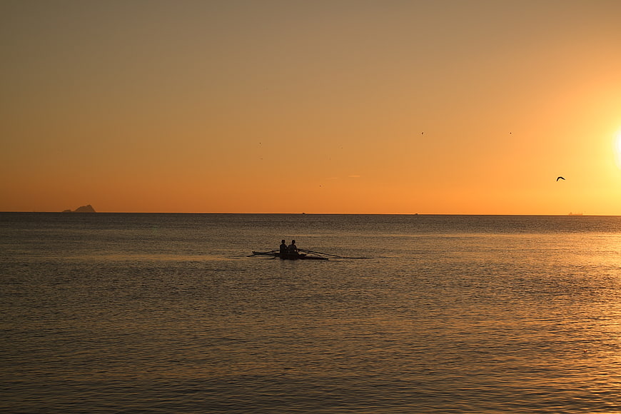 Silhouette of Rowers on Calm Sea at Golden Sunset
