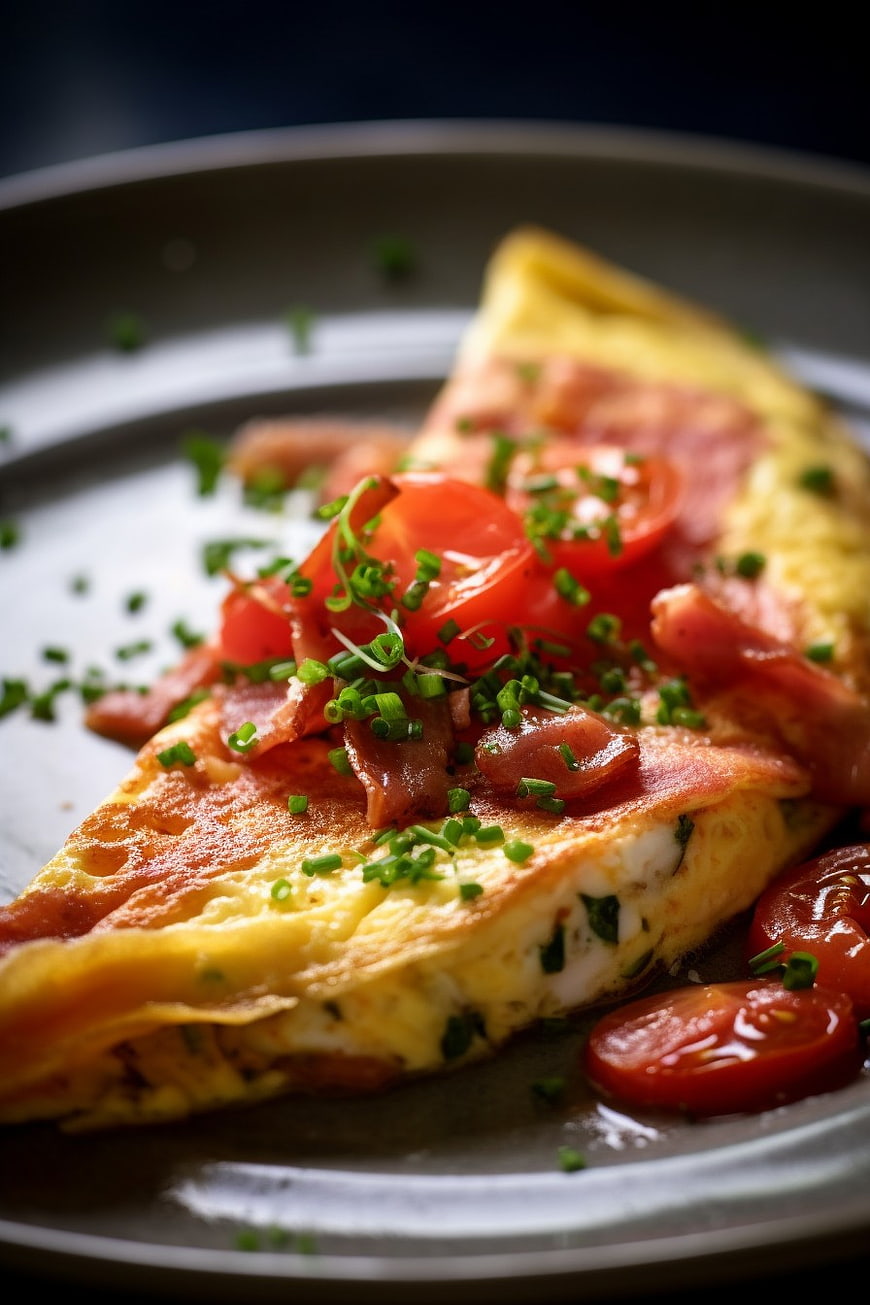 Close-up of savory omelette with tomatoes and chives