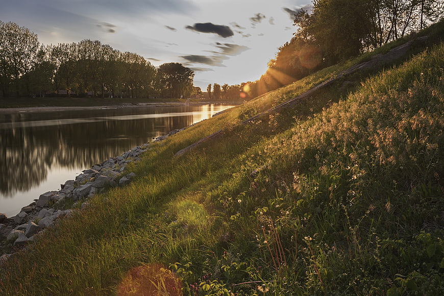 Golden hour sunlight on grassy riverbank with calm water