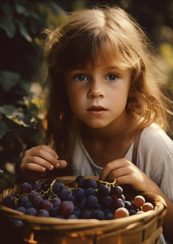 Young Girl Holding Basket of Grapes in Vineyard