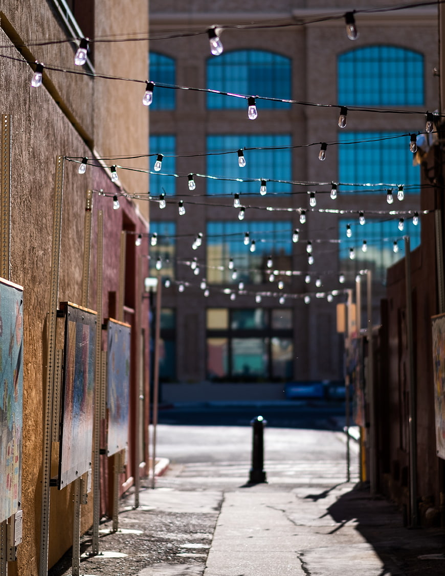 Empty Urban Alleyway with String Lights and Art Displays