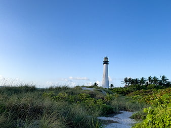 White Lighthouse on Sandy Dunes with Blue Sky