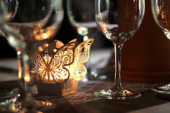 Elegant Butterfly Tea Light Candle Centerpiece with Wine Glasses