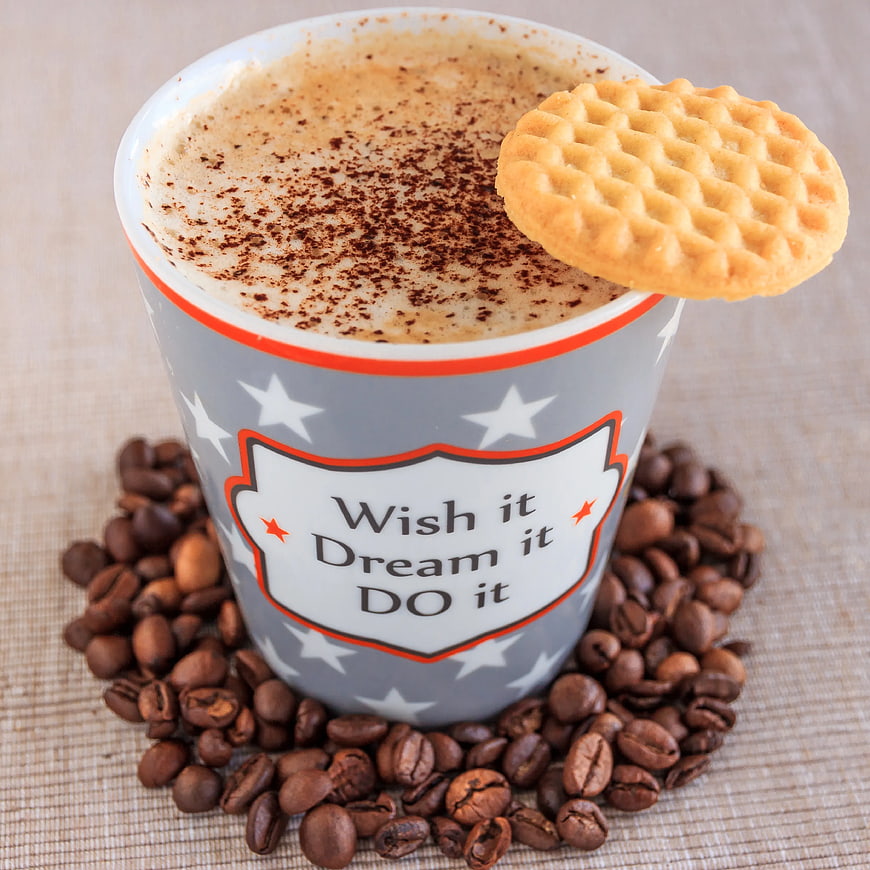 Motivational Coffee Cup with Cookie and Beans