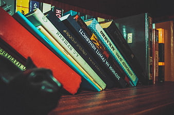 Colorful Books Leaning on Wooden Shelf with Russian Text