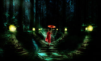 Mystical Buddhist Monk Walking Forest Path With Red Umbrella