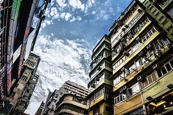 Low angle view of old residential buildings in Hong Kong
