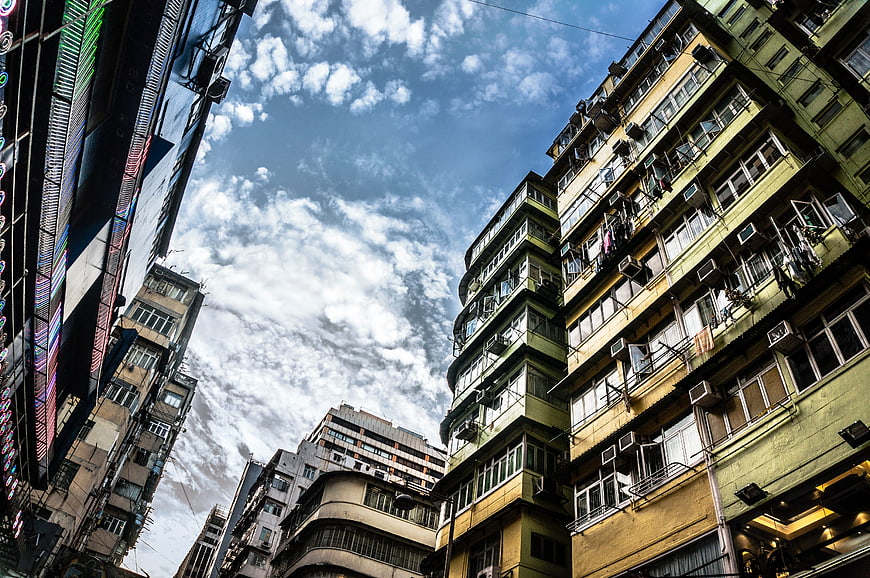 Low angle view of old residential buildings in Hong Kong