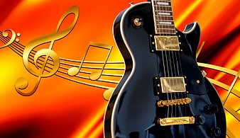 Black Electric Guitar with Gold Accents on Vibrant Orange Background