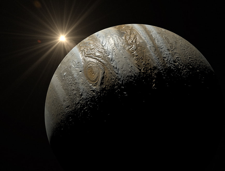 Dramatic Jupiter Planet with Sun Flare in Space