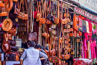 Colorful Leather Bags and Hats at Indian Market Shop