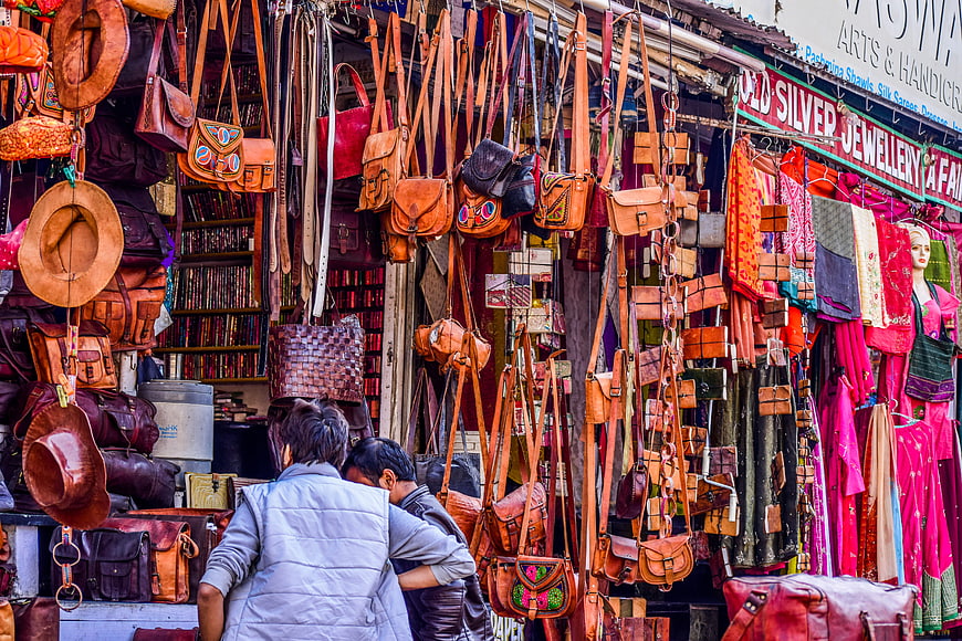 Colorful Leather Bags and Hats at Indian Market Shop