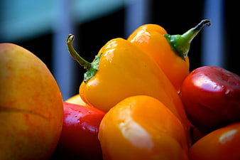 Close-up of Fresh Yellow and Red Bell Peppers