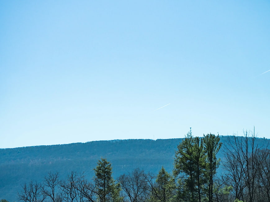 Blue Sky Over Forested Hills with Contrails