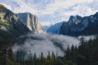Misty Yosemite Valley with El Capitan and Granite Cliffs