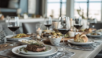 Elegant Steak Dinner with Red Wine and Sides