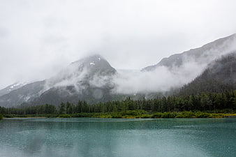 Misty Mountain Lake with Glacial Reflections and Rain