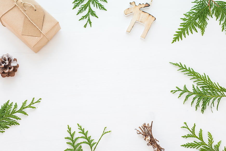 Minimal Christmas Flat Lay with Gift and Pine Branches