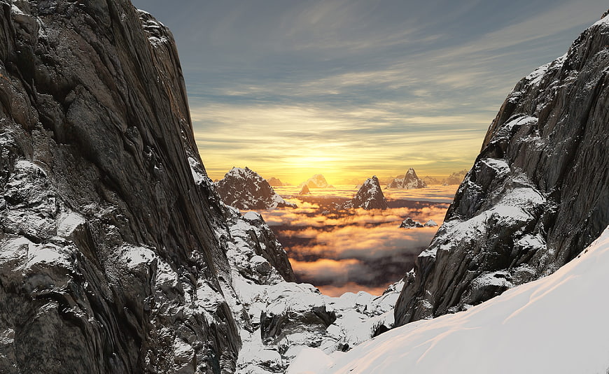 Alpine Mountain Pass Viewpoint With Snow And Golden Sunset