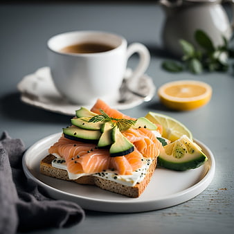 Healthy Open Sandwich with Salmon, Avocado, and Coffee