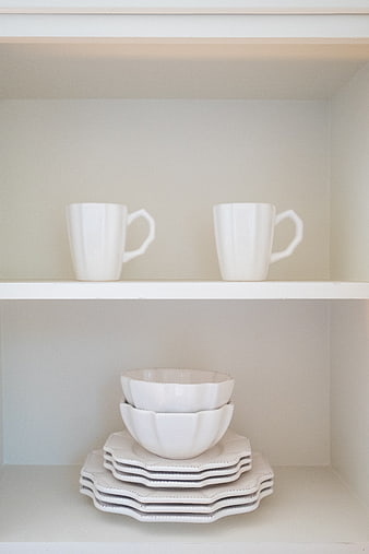 Minimalist White Ceramic Tableware on Open Kitchen Shelves
