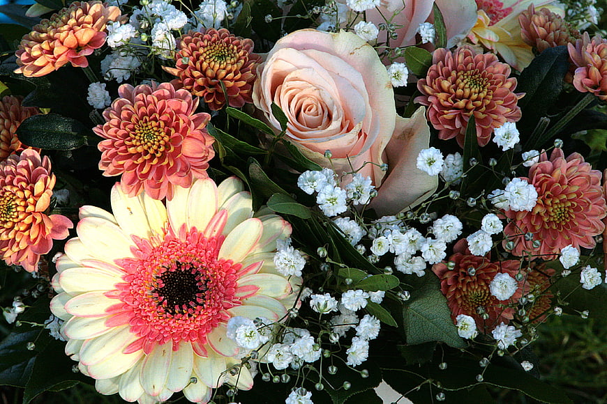 Close-up of colorful flower bouquet with roses and gerberas