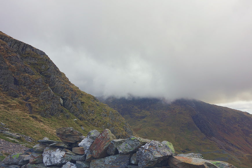 Misty Mountain Highland Landscape with Foreground Rocks