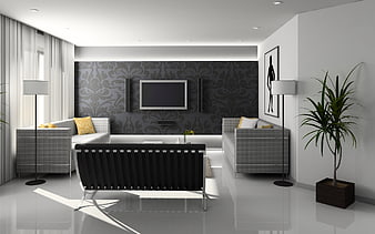 Modern minimalist living room interior with gray furniture and glossy floor